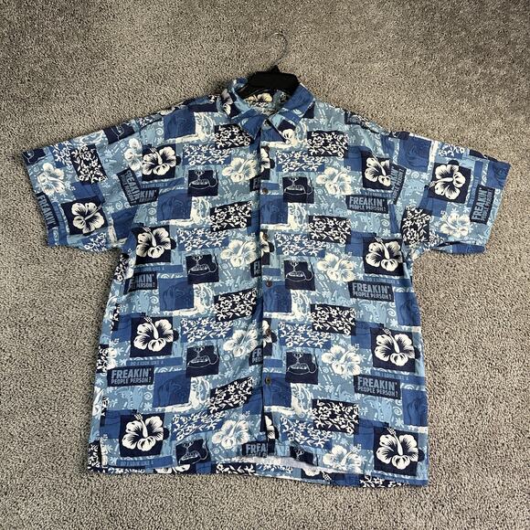 Big Dog Hawaiian Shirt Mens Large Blue Rayon Floral Aloha Funny Print Camp - Picture 1 of 12
